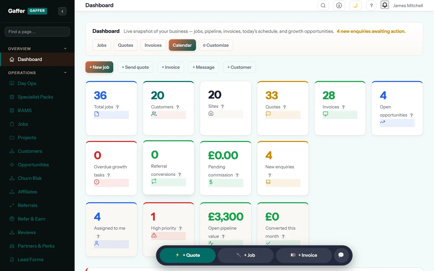 Gaffer product screen with demo data